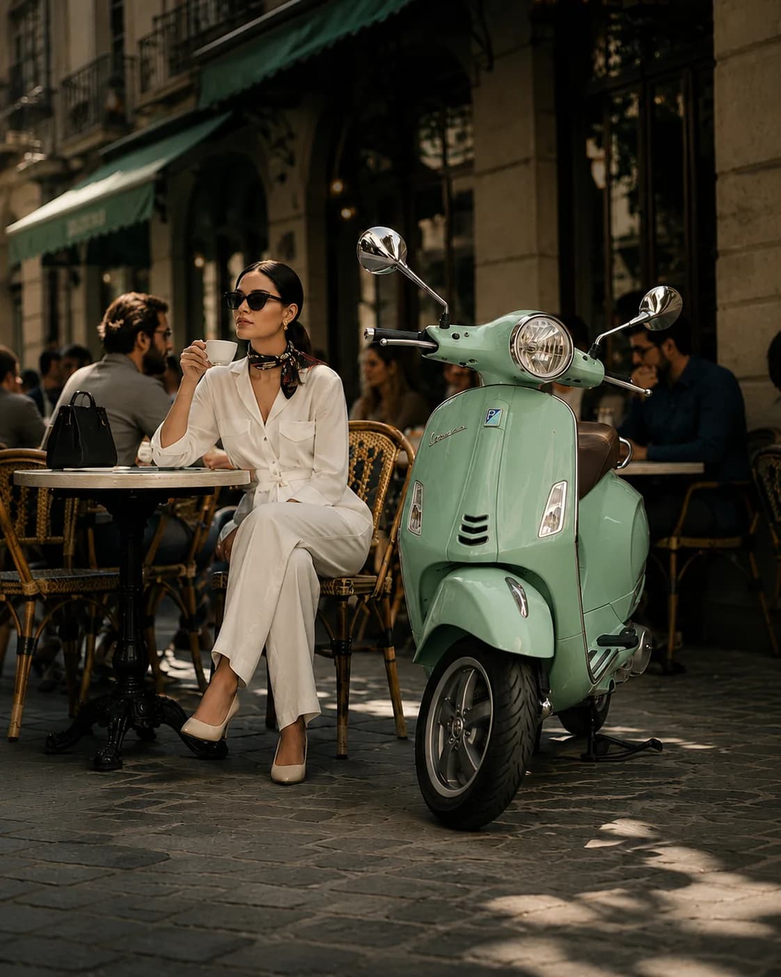 A Vespa parked beside a street café
